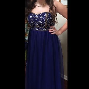 Strapless Blue Gown with Gemstone Bodice